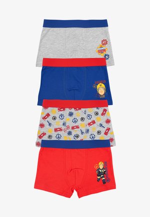 Quattro paia di boxer per bambini: grigi con il logo di Fireman Sam, blu con stampa dei personaggi, grigi a fantasia mista e rossi solidi con un personaggio.