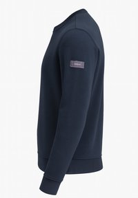 Donkerblauwe sweatshirt met ronde hals, geribbelde boorden en zoom, voorzien van een stoffen label op de bovenmouw. Gladde textuur, minimalistisch ontwerp.