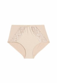 Beige hoge taille onderbroek met stippenstructuur en kanten accentuering aan de zijkanten. Zachte stof met een gladde afwerking. Versterkt ontwerp van de tailleband.