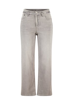 Hoge taille wijde grijze jeans met een bijpassende riem, voorste knop, rits en vijf-pocket ontwerp.