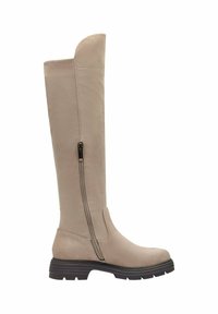 Beżowe długie botki z miękkiego zamszu, z bocznym zamkiem błyskawicznym, okrągłym noskiem i masywną gumową podeszwą. Zaprojektowane z myślą o komforcie i trwałości.