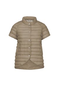 Kurzärmlige Steppjacke in Hellbraun mit rundem Kragen, Druckknöpfen und horizontalem Steppmuster. Verfügt über seitliche Taschen.