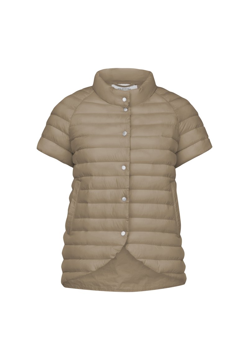 Kurzärmlige Steppjacke in Hellbraun mit rundem Kragen, Druckknöpfen und horizontalem Steppmuster. Verfügt über seitliche Taschen.