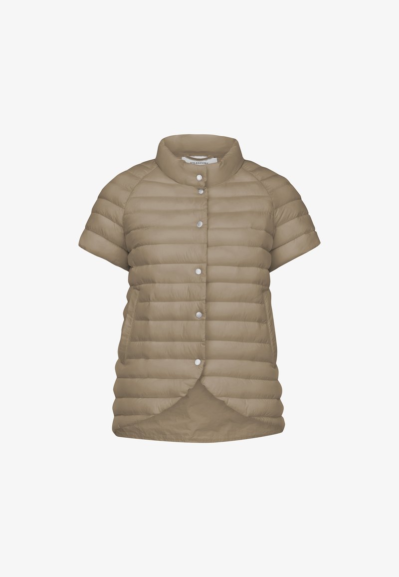 Kurzärmlige Steppjacke in Hellbraun mit rundem Kragen, Druckknöpfen und horizontalem Steppmuster. Verfügt über seitliche Taschen.