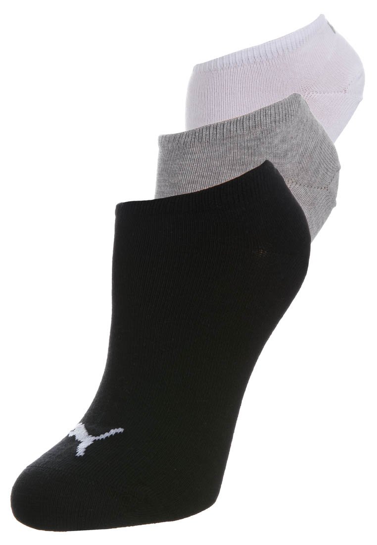 Set of three low-cut socks in black, gray, and white, stacked with Puma logo on the black sock’s toe area.