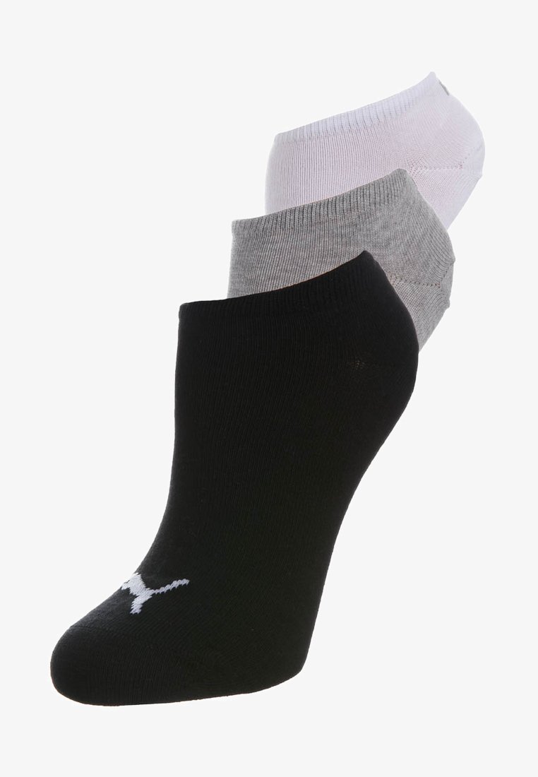 Set of three low-cut socks in black, gray, and white, stacked with Puma logo on the black sock’s toe area.
