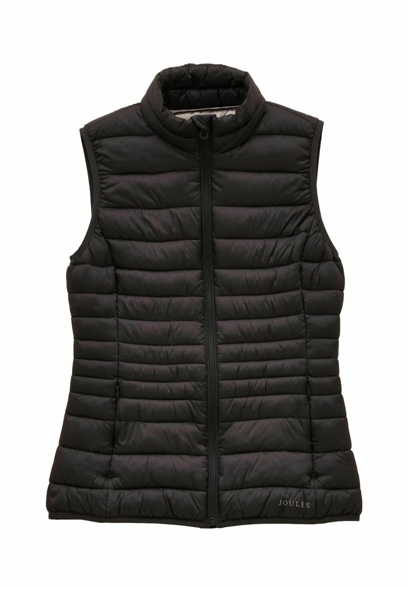 Fekete puffasztott mellény magas gallérral, tűzött mintával, elöl cipzárral és oldalsó zsebekkel. Az alján diszkrét logó található.