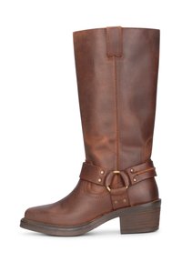 Brown leather knee-high boot with a rounded toe, slightly stacked heel, and an adjustable strap featuring gold-tone hardware.