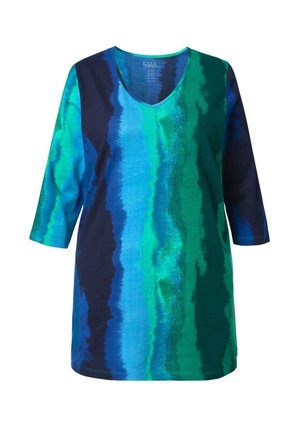 Tuniek met V-hals en driekwartmouwen, voorzien van verticale gradatie strepen in blauw, turquoise en marineblauw op een katoenen stof.