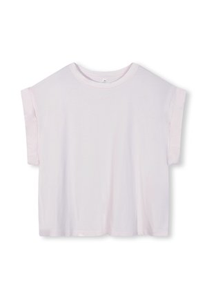 T-shirt rosa chiaro a maniche corte con vestibilità comoda, scollo rotondo e polsini arrotolati. Realizzato in tessuto morbido e liscio. Design semplice senza motivi.
