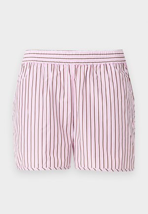 Pantalones cortos de algodón para dormir con rayas verticales en rosa y marrón, cintura elástica con fruncido y un corte holgado para mayor comodidad.