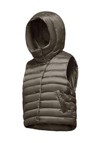 Gilet imbottito verde oliva con cappuccio removibile, caratterizzato da un motivo trapuntato, tasca laterale con zip e texture di tessuto liscia e lucida.