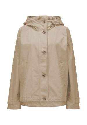 Beige Kapuzenjacke mit Vorderknopfverschluss, zwei Seitentaschen und verstellbaren Handgelenkriemen an den langen Ärmeln.