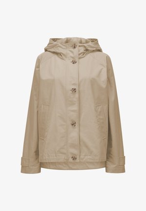 Beige Kapuzenjacke mit Vorderknopfverschluss, zwei Seitentaschen und verstellbaren Handgelenkriemen an den langen Ärmeln.