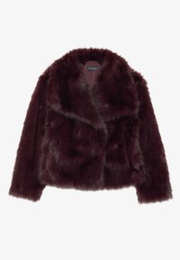 Bordeaux neplederen jas met een luxe textuur, brede revers, lange mouwen en een cropped ontwerp. Gevoerde binnenvoering en geen zichtbare sluitingen.