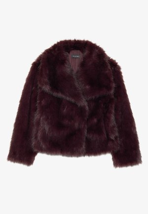Burgundy faux fur jacket with a plush texture, wide lapels, long sleeves, and a cropped design. Lined interior and no visible fastenings.