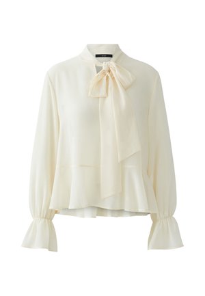 Elfenbeinfarbene Langarmbluse mit großer Schleife am Kragen, ausgestellten Manschetten und leicht ausgestelltem Saum.