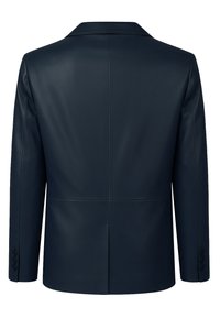 Marineblauwe leren blazer met een opstaande revers, lange mouwen en manchetknopen met vier knopen. Beschikt over een gladde textuur en een schoon, minimalistisch ontwerp.