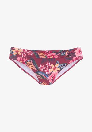 Blühende Bikini-Hosen in Dunkelrot mit lebhaften pinken und gelben Blumen sowie grünen Blättern. Mit einem gerafften Bund für zusätzlichen Komfort.