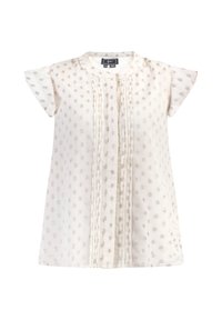 Blusa leggera in crema con maniche corte, caratterizzata da ricami floreali, dettagli a costine e scollatura rotonda.