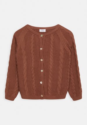 Cardigan en tricot marron avec un motif en câble, col rond et quatre boutons sur le devant. Manches longues avec des poignets côtelés.