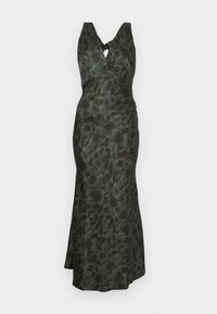 Sleeveless, dark green dress with a fitted bodice and a flared hem. Features a floral pattern and a knot detail at the front. Made of smooth fabric.