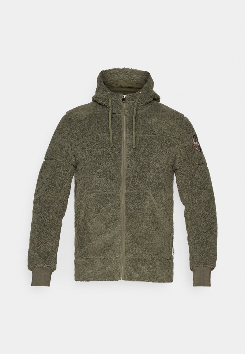 Grüne Fleece-Zip-Hoodie mit hohem Kragen, verstellbaren Kordeln, gerippten Bündchen und einem Logo-Patch am linken Ärmel.