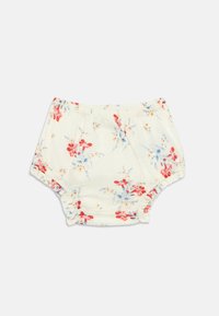 Blomstertrykte shorts i lys krem, med røde og blå blomster. Den elastiske midjen og de bølgede kantene gir økt komfort og passform.