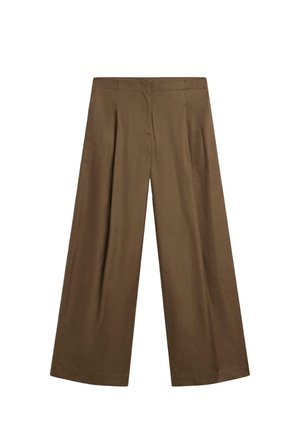 Vide ben bukser i en ensfarvet brun farve, lavet af et blødt stof med en glat tekstur. Har frontfolder og en skræddersyet talje.