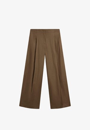 Vide ben bukser i en ensfarvet brun farve, lavet af et blødt stof med en glat tekstur. Har frontfolder og en skræddersyet talje.