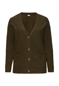 Olivgrüner Strickcardigan mit V-Ausschnitt, fünf Knöpfen und zwei Vorderfächern. Strukturierter Stoff mit lockerer Passform.