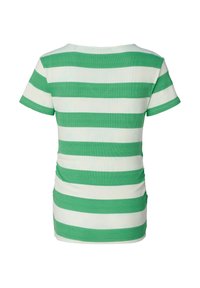 Groen-wit gestreepte T-shirt met korte mouwen, voorzien van een aangesloten ontwerp met gerimpelde zijkanten en een ronde halslijn.