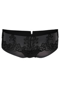 Culotte en dentelle noire avec motif floral, panneaux en maille transparente et ceinture solide. Présente une découpe en V à l'arrière pour un détail supplémentaire.