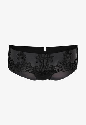 Funda preta de renda com padrão floral, painéis de malha transparentes e uma cintura sólida. Apresenta um corte em V na parte de trás para um detalhe adicional.