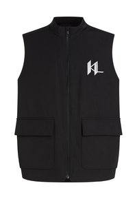 Svart ärmlös väst i lätt material med hög krage, framzipper och två framfickor med klaff. Inkluderar en logotypdetalj.