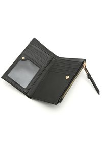Black leather wallet with a zip closure, card slots, and a clear ID window. Features a gold zipper and subtle stitching details.
