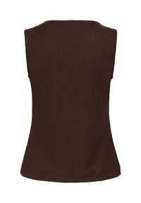 Haut en tricot marron foncé sans manches avec un ourlet légèrement évasé, vu de dos.
