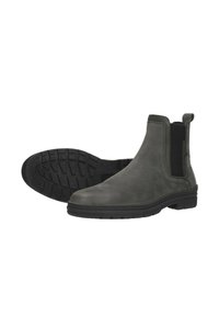 Grijze leren Chelsea-boots met elastische zijpanelen, ronde neus en rubberen zool met een gestructureerd loopvlak. Klassiek enkellang ontwerp.