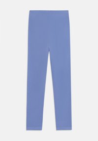 Leggings bleu clair unis, avec taille élastique, longueur totale, coupe slim, sans poches visibles ni motifs.
