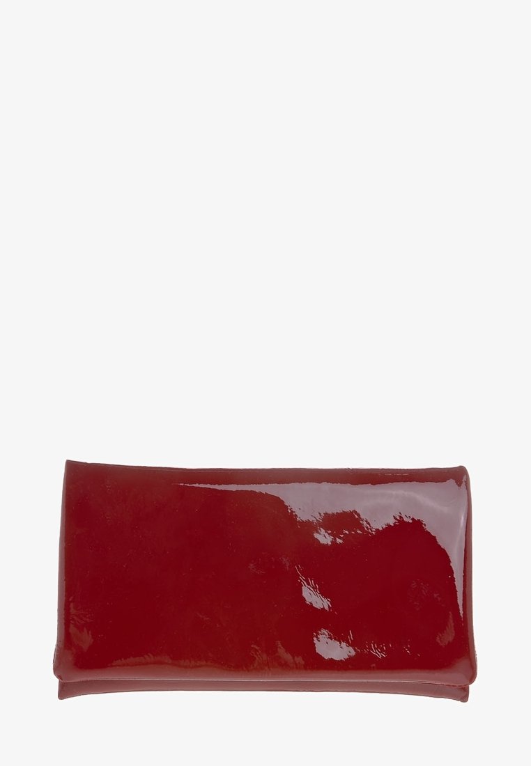 Pochette rectangulaire rouge foncé brillante avec une surface lisse et sans ornements visibles.