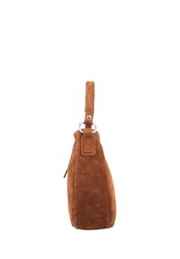 Sac à main en daim marron avec une poignée supérieure attachée par des anneaux argentés, montré de profil sur fond blanc.