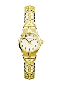 Montre en métal doré avec un cadran rond, un fond blanc, des chiffres noirs et un design de bracelet à maillons texturé. Comprend une couronne latérale pour le réglage.