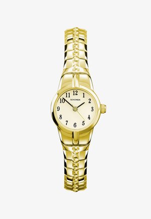 Montre en métal doré avec un cadran rond, un fond blanc, des chiffres noirs et un design de bracelet à maillons texturé. Comprend une couronne latérale pour le réglage.