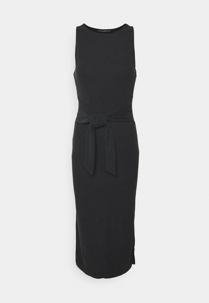 Robe midi noire sans manches avec encolure ronde et ceinture en tissu nouée devant, présentant des fentes latérales à l'ourlet.