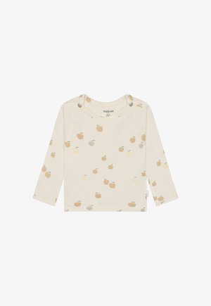 Flødefarvet baby langærmet skjorte med små æblemønstre i orange, beige og lysegrå samt knapper ved skulderen for nem påklædning.