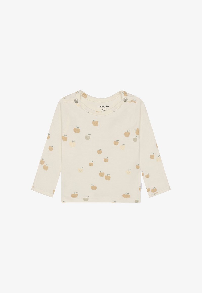 Flødefarvet baby langærmet skjorte med små æblemønstre i orange, beige og lysegrå samt knapper ved skulderen for nem påklædning.