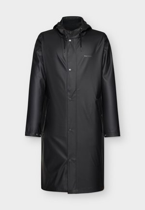Black waterproof raincoat with a hood, long sleeves, front snap closures, and side pockets. Made of smooth, durable material.