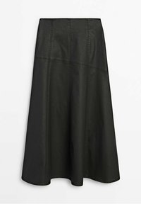 Gonna di pelle nera con design svasato, caratterizzata da cuciture visibili e lunghezza al ginocchio. Texture liscia, senza motivi o accenti aggiuntivi.