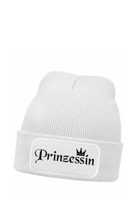 White knitted beanie hat with a folded cuff, featuring a square patch that reads "Prinzessin" in black cursive font and a small crown graphic.
