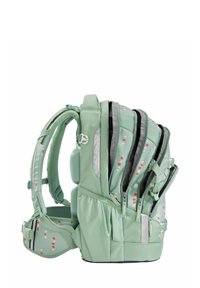 Zaino verde con numerosi scomparti con zip, schienale imbottito e spallacci. Presenta un motivo a pois in colori chiari e scuri.
